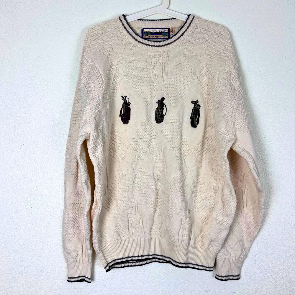 Vintage Shenandoah Golf Sweater L Cream Cable Knit Pullover Made in USA Preppy